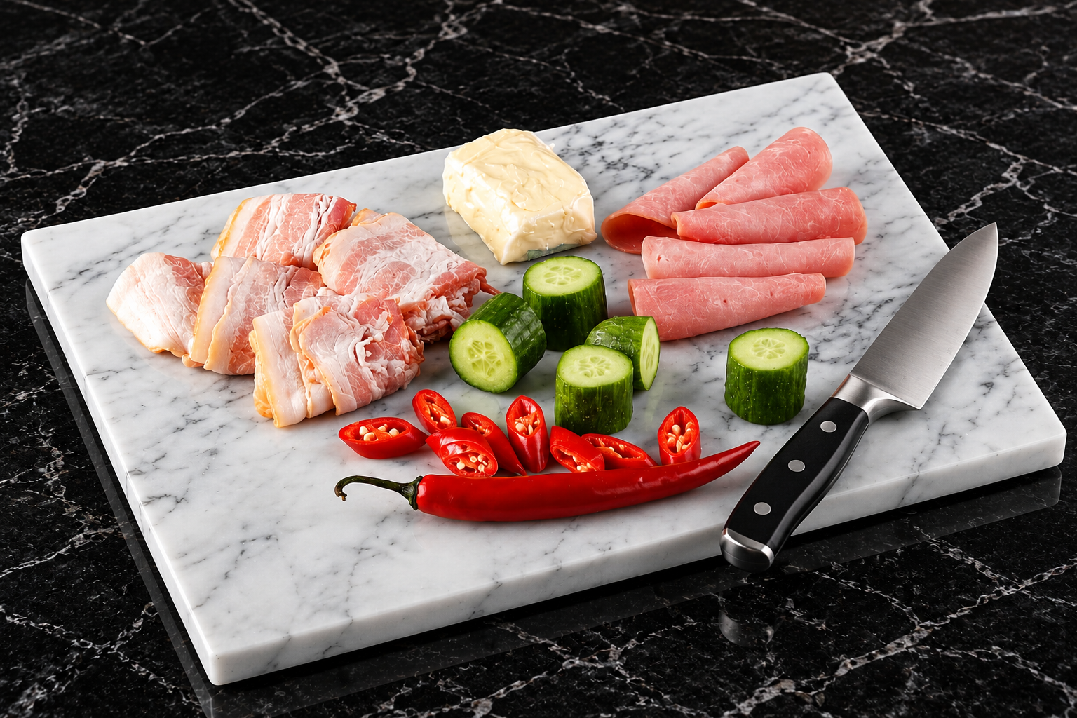 White marble cutting board with sliced meats, cucumbers, red peppers, and a kitchen knife