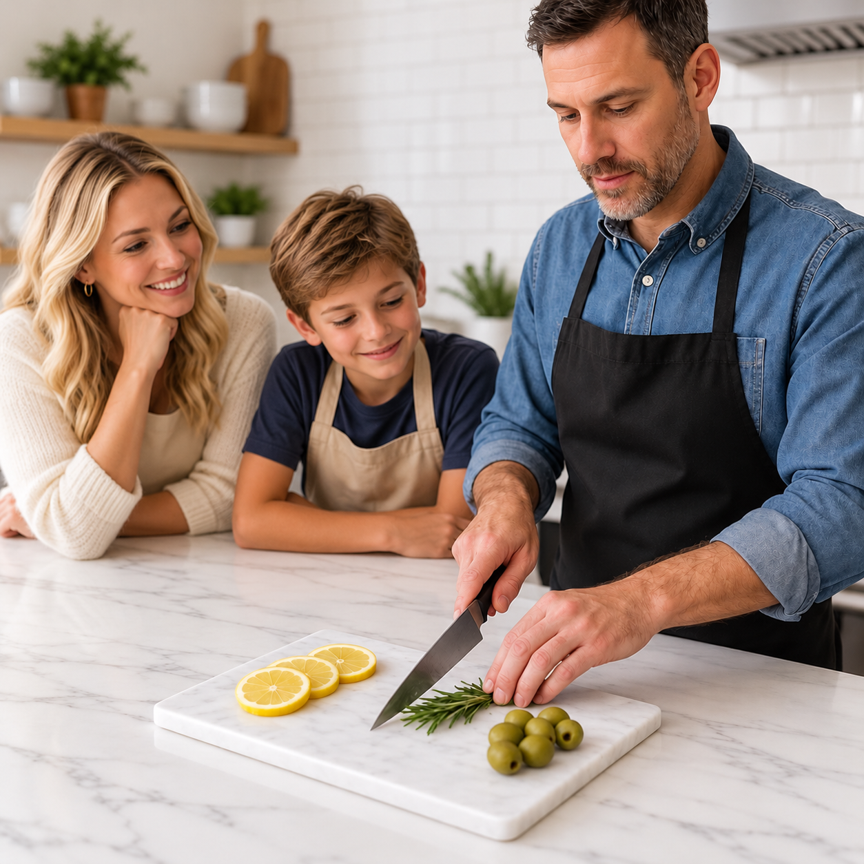 Family preparing food together on a white marble cutting board
