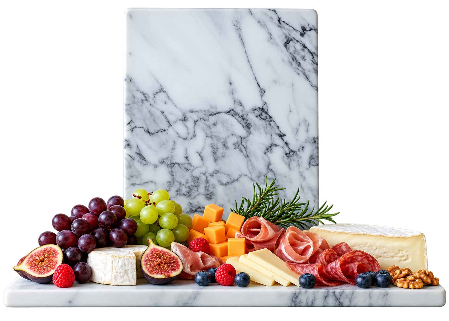 White marble boards with cheeses, cured meats, grapes, figs, and rosemary
