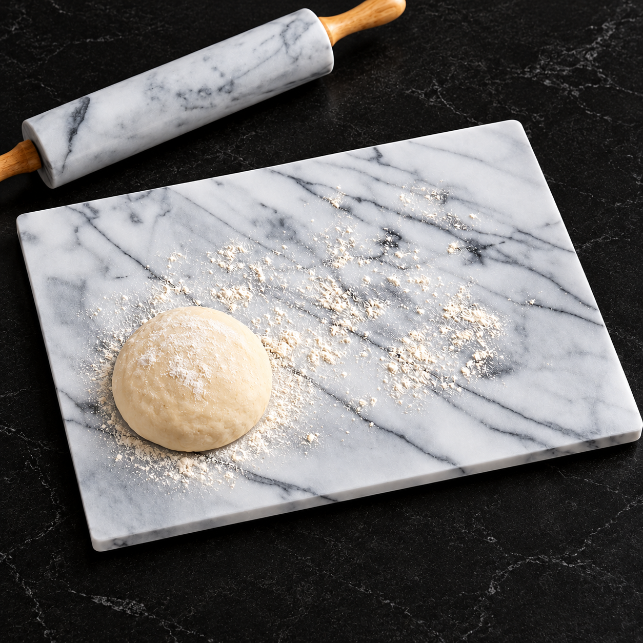 White marble pastry slab with dough, flour, and a marble rolling pin