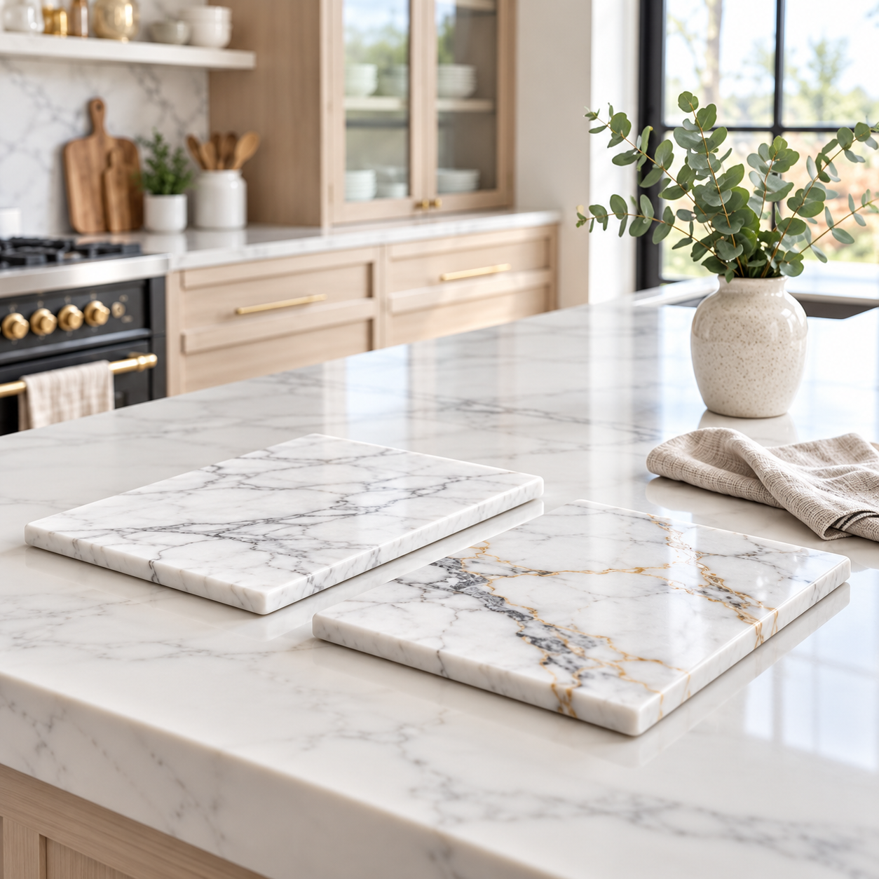 Two white marble boards with gray and gold veining on a bright kitchen island